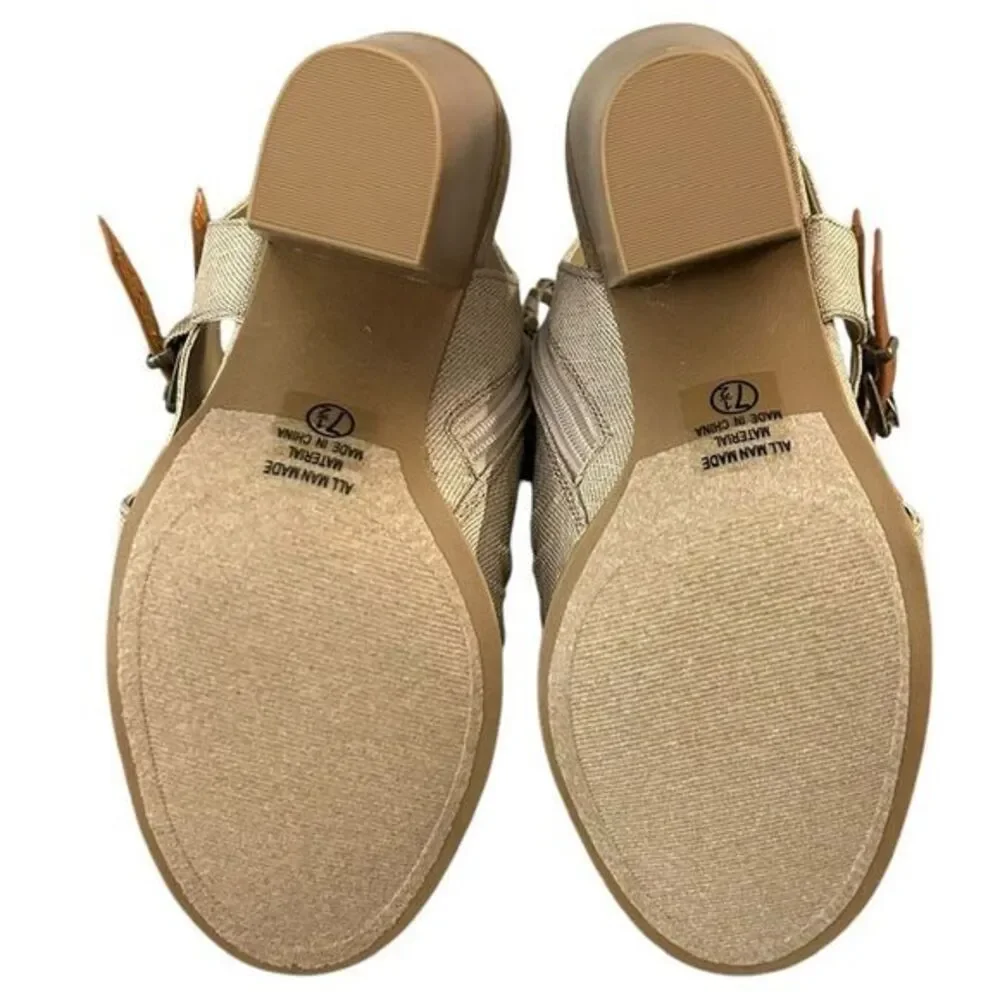 Soda Shoes Womens 7.5 Peep Toe Buckle Booties Linen Tan Stacked Heel Coastal New